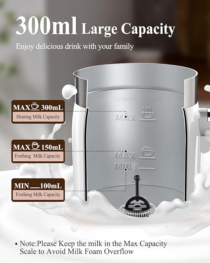 5-in-1 Milk Frother and Steamer - Upgraded Automatic Milk Steamer 11.8oz Hot & Cold Foam Maker and Milk Warmer with LED Display Touch Screen & Two Whisks for Latte,Cappuccinos,Silent Working,120Volts