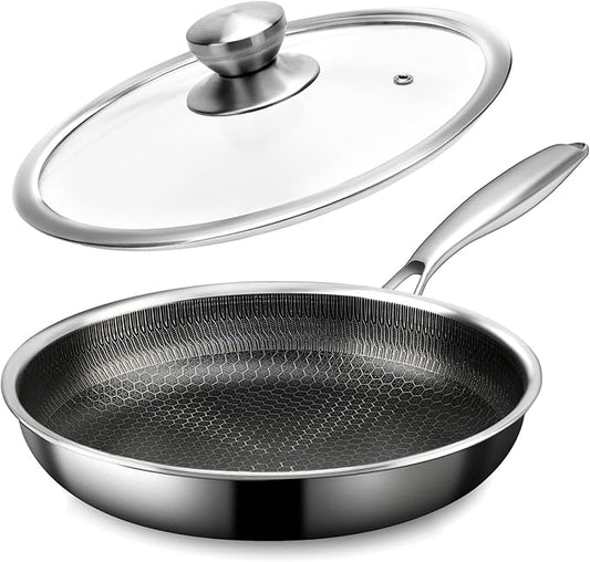 Stainless Steel Frying Pan with Lid - 9.5 Inch Nonstick Frying Pan with Lid, Honeycomb Stainless Steel Skillet Omelet Chef's Pan with Stay Cool Handle, Induction Compatible, PFOA Free