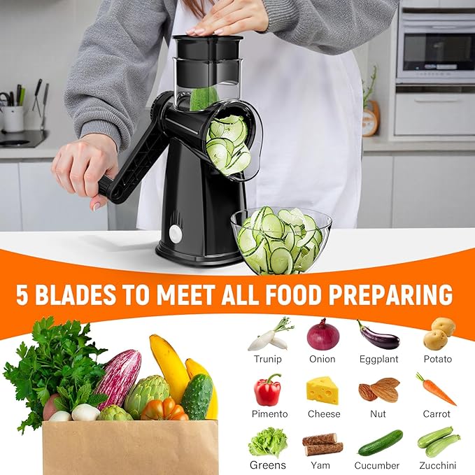 Rotary Cheese Grater Hand Crank with 5 Interchangeable Blades, Vegetable Slicer Chopper for Fruit Vegetable Nuts, Mandoline Slicer for Kitchen with Blades Rack & Suction Base, Black