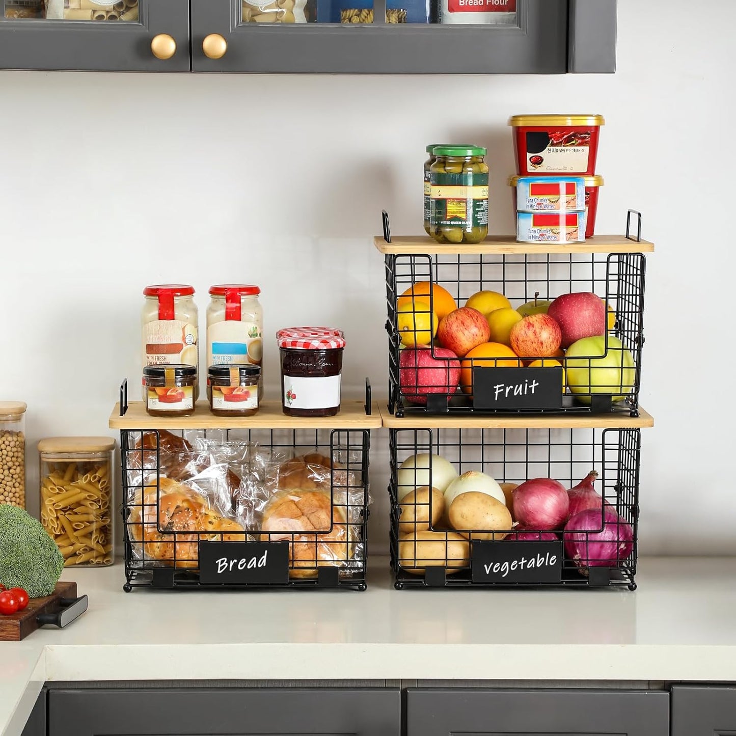 2 Set XL Stackable Wire Basket with Bamboo Tops & Tags- Pantry Organizer and Storage Bins, Kitchen Counter Cabinet Shelf Countertop Under Sink Organizing, Food Snack Produce Onion Potato Bread Storage