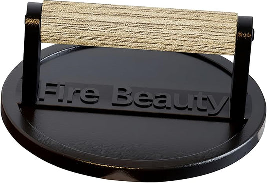 Fire Beauty Burger Press,6.5" Cast Iron Grill Press with Wood Handle,Food-Grade Smash Burger Press for Seared Bacon,Steak&Burger,Pre-Seasoned