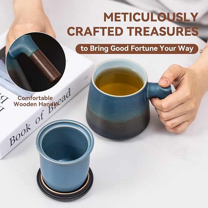 Tea Cup with Infuser and Lid 12.5oz - Kiln-Transformed Ceramic Mug with Antique Blue Gradient, Wood Handle Loose Leaf Tea Set, Anniversary Birthday Gift