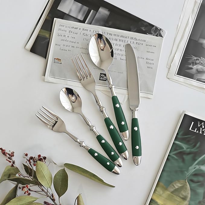 5-Piece Silverware Set, Stainless Steel Flatware Set, Service for 1, Vintage Cutlery Set with Green Bakelite Handle, Mirror Polished | Rustic | Dishwasher Safe