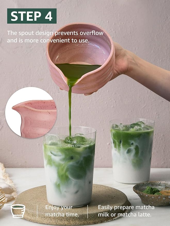 Sisher Matcha Set,Matcha Bowl with Spout,Cute Matcha Set(5pcs) Matcha Bowl,Bamboo Whisk, Matcha Scoop, Matcha Whisk Holder (Chasen Holder), Stainless Steel Sifter, Macha Kit