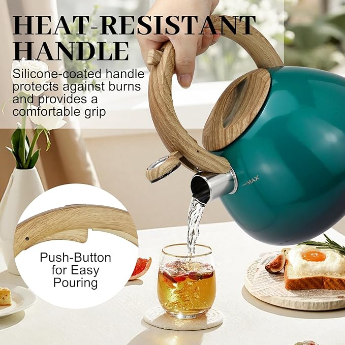 MARSKITOP Tea Kettle Teapot for Stovetop, 2.6 Quart Stainless Steel Tea Pot for Stove, Stove Top Whistling Tea Kettle with Anti-Hot Handle, Suitable for All Heat Sources, Green