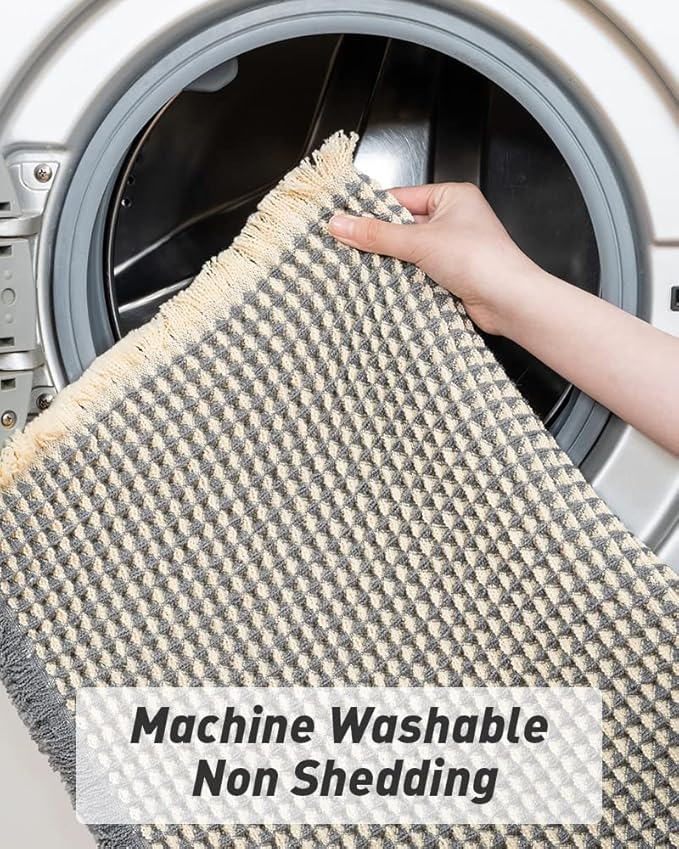 Upgraded Waffle Bath Mat, Super Absorbent Non Slip Bath Mats for Bathroom Floor, Machine Washable Bathroom Rugs with Tassels, Rubber Backed Bathroom Mats Ultra Soft, 20" x 32", Dark Grey & Yellow