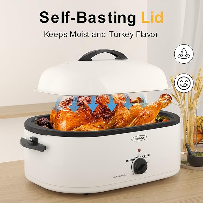 Roaster Oven, Electric Roaster Oven with Viewing Lid, Large Roaster with Removable Pan & Rack, Turkey Roaster with Unique Defrost/Warm Function, Stainless Steel, White, 20QT
