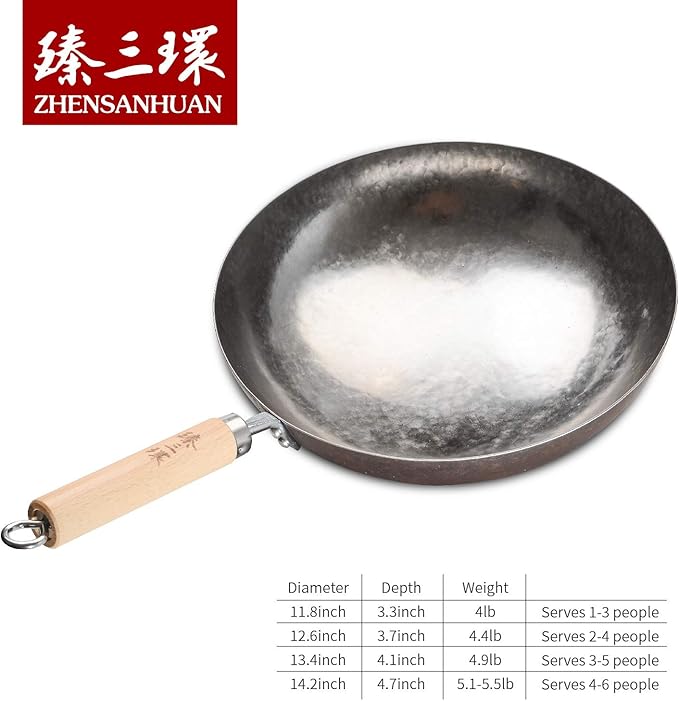 臻三环 ZhenSanHuan Chinese Hand Hammered Iron Pow Woks and Stir Fry Pans Wooden Handle (Silver-34cm)
