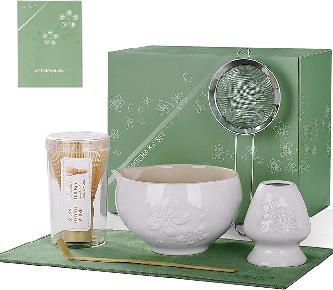 ZENS Matcha Whisk Set, Ceramic Matcha Set Includes 15oz Sakura Bowl, Bamboo Whisk & Chasen Holder, Scoop & Sifter-Tea Towel, 6pcs Matcha Kit for Matcha Lovers, White