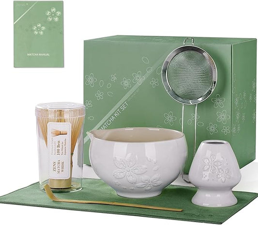 ZENS Matcha Whisk Set, Ceramic Matcha Set Includes 15oz Sakura Bowl, Bamboo Whisk & Chasen Holder, Scoop & Sifter-Tea Towel, 6pcs Matcha Kit for Matcha Lovers, White