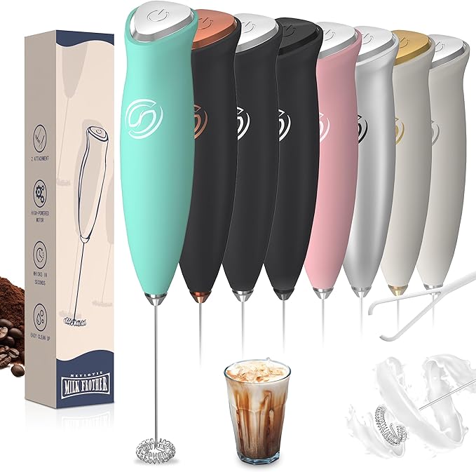 Milk Frother Wand Coffee Frother Handheld Drink Mixer Handheld with 2 Whisks Electric Whisk Stirrers Electric Milk Frother for Coffee Mixer Wand Milk Foamer-Aqua