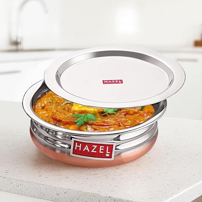 HAZEL Stainless Steel Copper Bottom Handi Set with Lids | Traditional Indian Cookware & Serveware | Set of 4 (0.8, 1.3, 1.7, 2.1 Quarts) | Durable Pots for Curry, Biryani & More