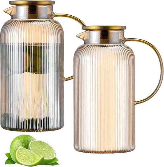 2 PACK Glass Pitcher with Lid, 68 oz/ 2 Liter Amber Classic Vertical Stripes Water Pitcher,Glass Water Carafe for Cold Brew, Coffee, Lemonade, Iced Sun Tea,Beverage, Heat Resistant
