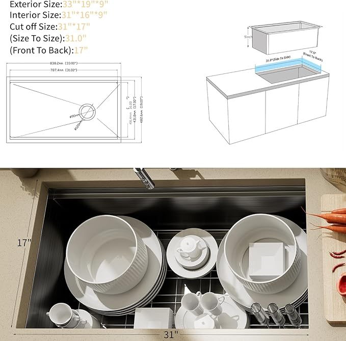 33 Inch Undermount Black Stainless Steel Kitchen Sink,33x19x9 Inch Deep Single Bowl Kitchen Sinks,16 Gauge Workstation KitchenSink, Modern Undermount Kitchen Sink with Ledge and Accessories