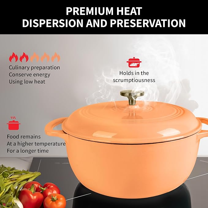 Premium Enameled Cast Iron Dutch Oven for Bread Baking | Non-Stick 2QT Oval Bread Oven with Lid | Perfect for Sourdough, Loaf, and Artisan Baking (Round Orange, 5.5 QT)