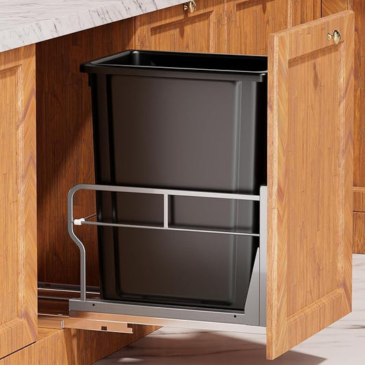YJHome Pull Out Trash Can Under Cabinet with 31Qt 8Gal Garbage, Under Sink Trash Can with Soft-Close Slides, Cabinet Trash Can Pull Out Kit with Door Mounting Kit for Minimum Opening 12" W