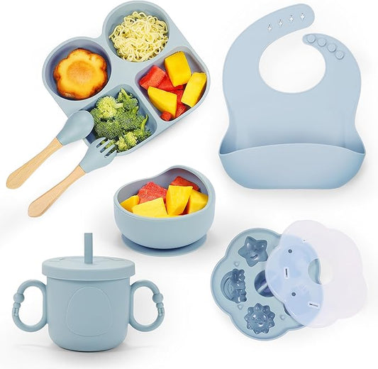 Silicone Baby Feeding Set, Baby Led Weaning Supplies, Baby Food Tableware Silicone Suction Plate, Bowl, Spoons, Fork, Waterproof Bib, Cup & Complementary Food Cake Mold, Baby Eating Utensils