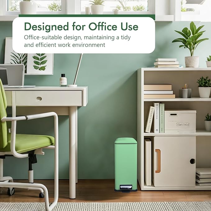 Green 16.7L/4.4 Gallon Bathroom Trash Can with Lid. Features a removable inner bucket, a soft - close lid, and a stainless - steel step pedal. Ideal for use in the bathroom, kitchen, and home office.