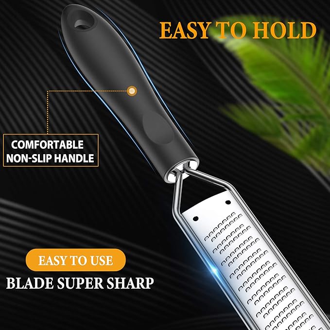 Lemon Zester & Cheese Grater – Premium Stainless Steel - A Sharp Kitchen Tool for Cheese Grater, Ginger, Garlic, Nutmeg, Chocolate, Vegetables, Fruits, Dishwasher Safe, Black B