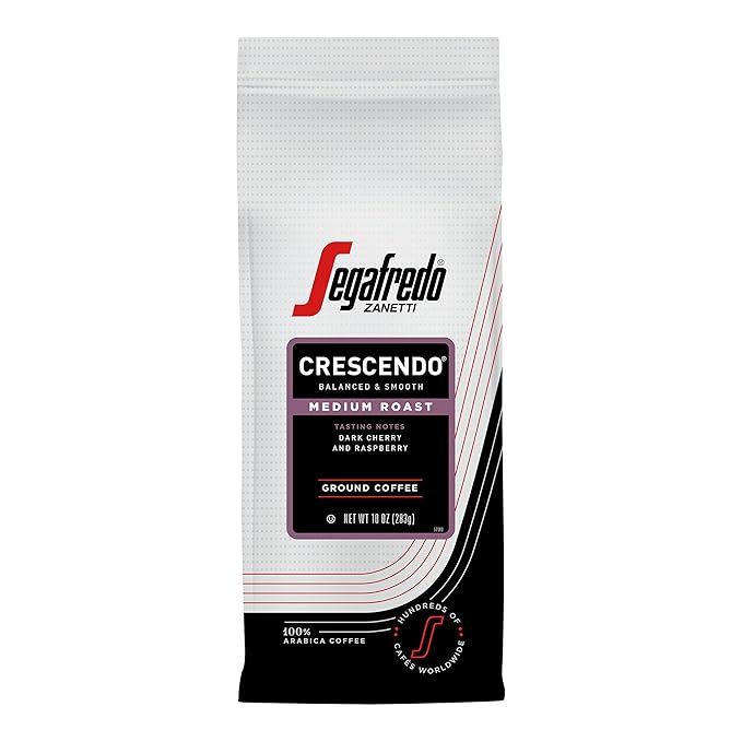 Segafredo Zanetti Ground Coffee – Made with Arabica Coffee – Medium Roast, Aroma of Fresh Berries, Hints of Sweet Floral & Cocoa – Smooth, Medium-Bodied – Crescendo, 10oz Bag