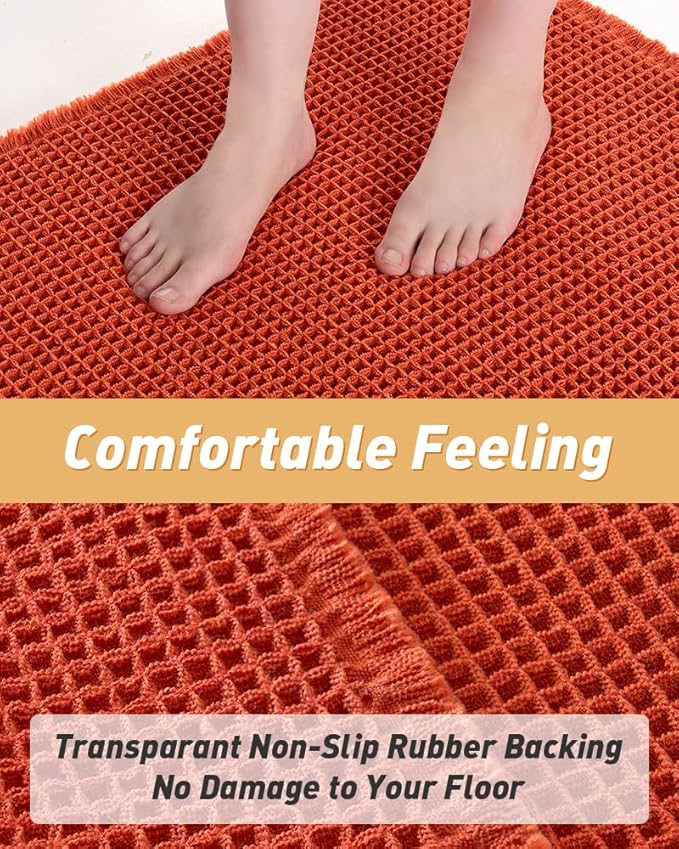 AMOAMI Upgraded Waffle Bath Mat, Super Absorbent Non Slip Bath Mats for Bathroom Floor, Machine Washable Bathroom Rugs with Tassels, Rubber Backed Bathroom Mats, Ultra Soft, 17" x 24", Orange