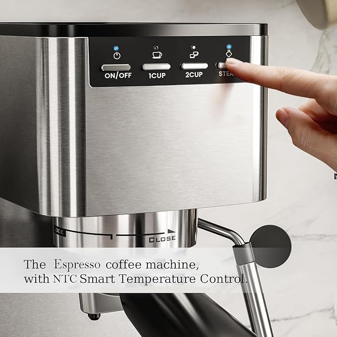 Kismile Espresso Machine 20 Bar, Espresso Maker with Milk Frother Steam Wand, Compact Cappuccino & Latte Machine with 40oz Removable Water Tank for Home, Stainless Steel