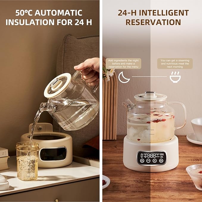 1.2-liter glass-bodied electric kettle, ideal for brewing coffee, preparing formula, and heating tea. Features adjustable temperature settings (Beige model).