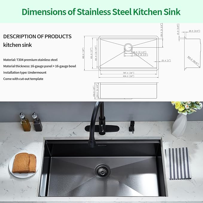 Undermount Kitchen Sink, 33 x 19 x 10 Inch Sink Kitchen 16 Gauge Stainless Steel Kitchen Sinks Gunmetal Black Single Bowl Workstation Sink with Cutting Board