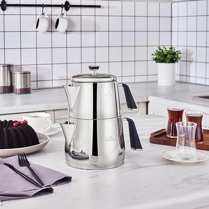 Karaca Fiona Stainless Steel Turkish Teapot Set XL, 1L Tea Pot & 2L Water Tank (Kettle), Stove Top/Induction Compatible, Elegant Silver Design, Easy to Clean, Non-Flammable Handles