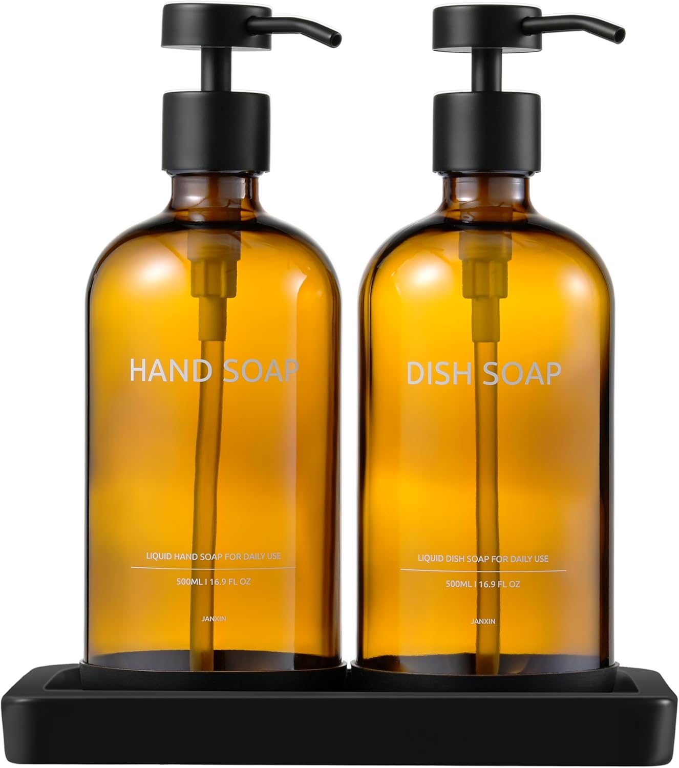 Glass Kitchen Soap Dispenser Set with Ceramic Tray,16.9 floz Hand and Dish Soap Dispenser for Kitchen and Bathroom Decor,Amber Kitchen Accessories(Amber Bottles + Black Pumps)