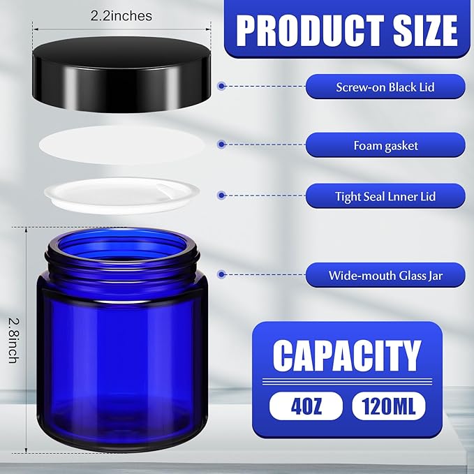 Norme 96 Pcs 4 oz Glass Jars with Lids Leakproof Round Airtight Empty Cosmetic Jars with Inner Liners Lid for Storing Lotions Powder Ointments Candle Making Tins (Black,Blue)