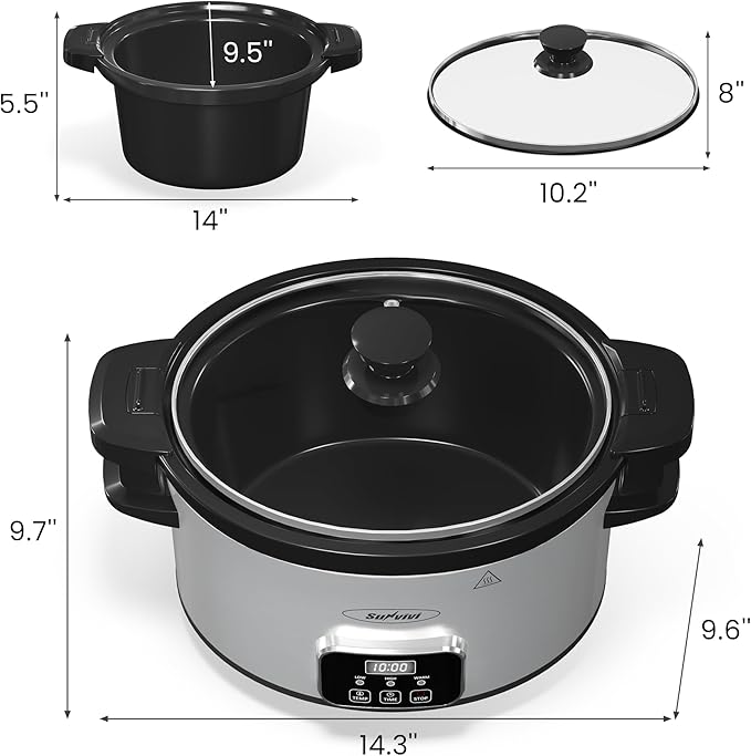 Sunvivi 4QT Programmable Slow Cooker with Locking Lid, Removable Ceramic Pot, 3 Heating Settings & Timer, Dishwasher-Safe, Stainless Steel