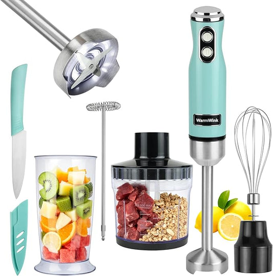 4 in 1 Corded Hand Blender Includes Food Chopper, Mixing Beaker Milk Frother and Whisk 600W Handheld Blender with Stainless Steel Blade, Baby Food Blender