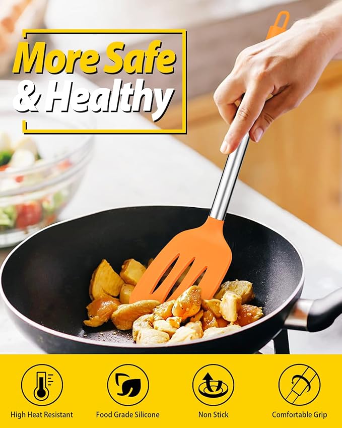 Pack of 2 Silicone Solid Turner, Non Stick Slotted Kitchen Spatulas, High Heat Resistant BPA Free Cooking Utensils, Ideal Cookware for Fish, Eggs, Pancakes (ORANGE)