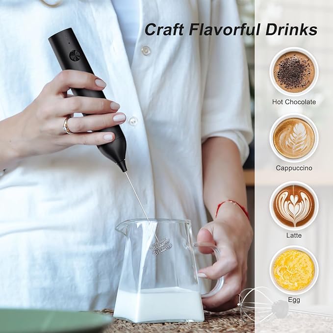 Powerful Electric Milk Frother with Wand and Egg Whisk Attachments, 3 Speed Adjustable Rechargeable Foam Maker Mixer, Milk Frother Handled for Coffee, Protein Powder (Black without Stand)