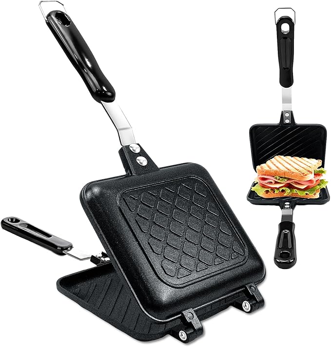 Sandwich Maker, Nonstick Panini Maker Pan Grilled Stove Top Toasted Pan, Double Sided Cheese Press with Handle for Breakfast, Camping, Home, Kitchen