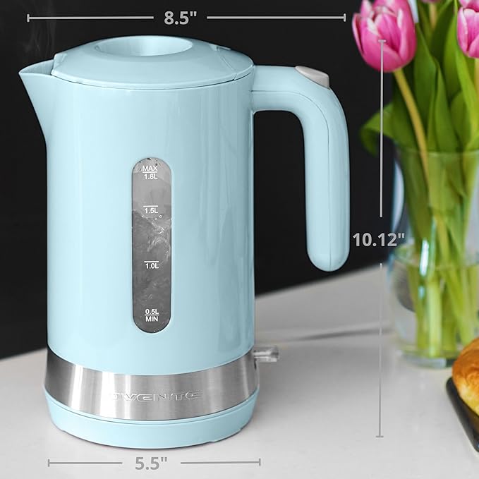 OVENTE 1.8L Electric Kettle, 1500W Fast Boiling Heater for Coffee or Tea, BPA Free, Easy to Fill Lid, Water Level Window, Auto Shut-Off, Boil-Dry Protection and Removable Filter, Blue KP413LBL