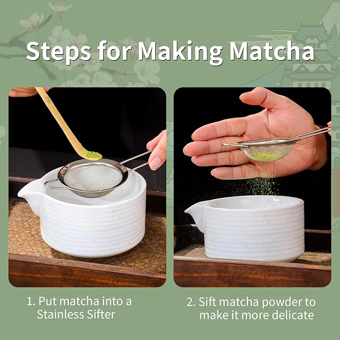 7pc Japanese Tea Set Includes Ceramic Bowl, White Matcha Whisk Set with Green Dot, Matcha Whisk and Holder, Stainless Sifter & Bamboo Scoop, Towel, Matcha Starter Kit for matcha Lovers