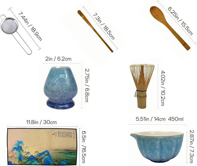 Matcha set, 8pcs Matcha Set Kit Includes Ceramic Matcha Bowl, Bamboo Whisk (Chasen), Whisk Holder, Sifter, Bamboo Scoop, Scoop Rest, Tea Towel, Matcha Whisk Set for Matcha Tea Ceremony, Blue