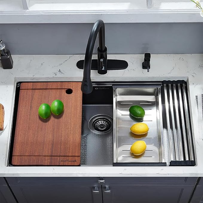 Undermount Kitchen Sink, 33 x 19 x 10 Inch Sink Kitchen 16 Gauge Stainless Steel Kitchen Sinks Gunmetal Black Single Bowl Workstation Sink with Cutting Board