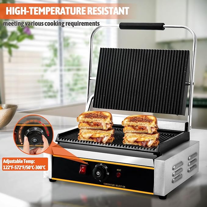 Commercial Panini Press Grill 2200W Countertop Electric Sandwich Maker with Adjustable Temp Control, Grooved Plates Grill, for Burgers Steaks Panini