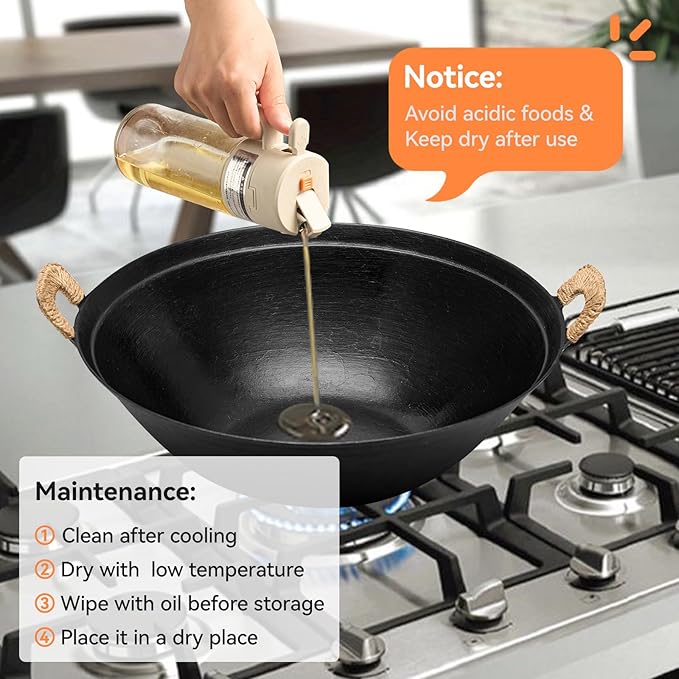 WANGYUANJI Iron Wok 13.4" Chinese Wok – Durable Stir-Fry Pan with Dual Handles, Wooden Lid & Stainless Steel Spatula