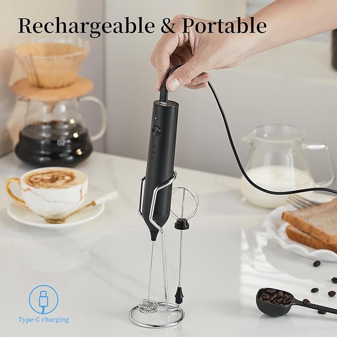 Electric Milk Frother Set, Rechargeable Drink Blender with Wand and Egg Whisk, 3 Speed Adjustable Foam Maker Mixer, Milk Frother Handled for Coffee, Matcha, Protein Powder (Black with Stand)