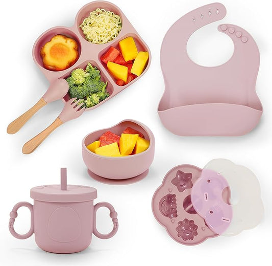 Silicone Baby Feeding Set, Baby Led Weaning Supplies, Baby Food Tableware Silicone Suction Plate, Bowl, Spoons, Fork, Waterproof Bib, Cup & Complementary Food Cake Mold, Baby Eating Utensils