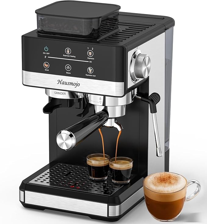 Espresso Machine with Grinder, 20Bar Expresso Coffee Machines with Milk Frother, Professional Compact Stainless Steel Coffee Maker for Espresso, Latte & Cappuccino, Perfect for Home Use