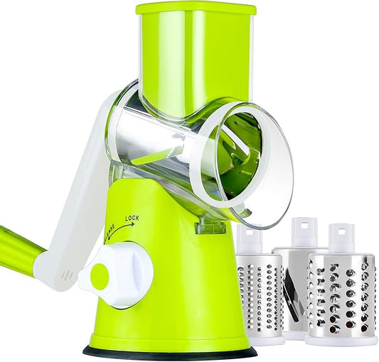 Cheese Grater Hand Crank, Rotary Vegetable Shredder with Handle and Strong Suction base, 3 in 1 Kitchen Speed Spin Veggie Slicer Nut Grinder for Pizza Top, Hash brown, Salad and More (Green)