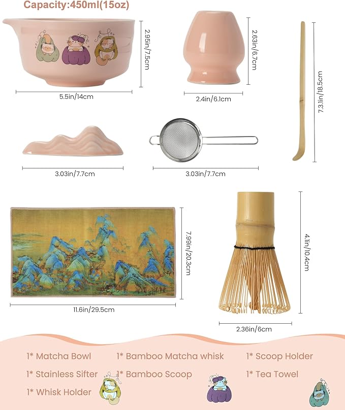 Matcha Whisk Set,7 Pcs Pink Matcha Kit with Ceramic Bowl,Bamboo Whisk & Holder,Scoop,Rest,Sifter and Tea Towel–Japanese Tea Set for Matcha Lovers