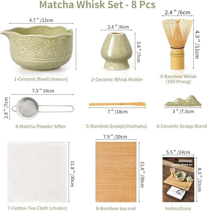 Matcha Whisk Set - Complete 8-Piece Japanese Tea Making Kit With Ceramic Bowl (Chawan), Bamboo Whisk (Chasen), Sifter, Scoop, Holder & Guide - Ideal Gift For Tea Enthusiasts (Mottled Green)