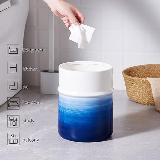 Decorative Round Small Trash Can Wastebasket, Garbage Container Bin for Bathrooms, Powder Rooms, Kitchens, Home Offices-Hand Painted Navy Blue，Ceramic