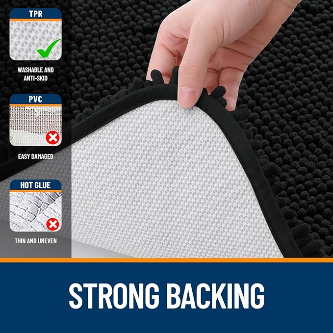 OLANLY Bathroom Rugs Sets 2 Piece, Soft Absorbent Chenille Bath Mats and U-Shaped Contour Toilet Mat Area Rug Set, Machine Washable Bath Carpet, Home Decor Accessories(24"x16"+24"x20", Black)